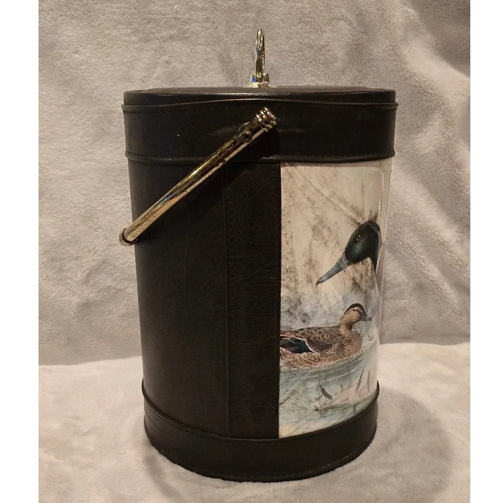 Vintage SheltonWare Mallord Duck Scene Ice Bucket Faux Leather w/ Lid 10.75